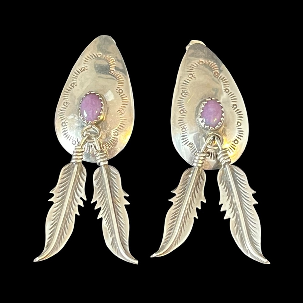 Vintage Native American Sterling Silver Feather Pierced Earrings Purple Stone